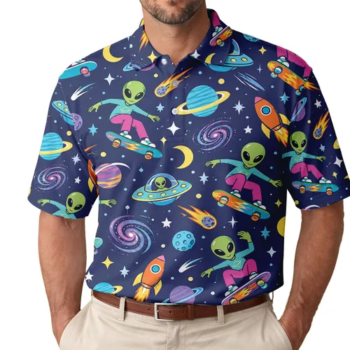 Skateboarding Aliens And UFOs For Playful Cosmic Golf Days And Space-Loving Fans Men's Polo Shirt