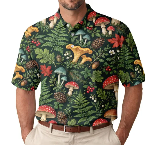 Colorful Mushroom Forest and Autumn Botanicals for Nature-Loving Outdoor Days Men's Polo Shirt