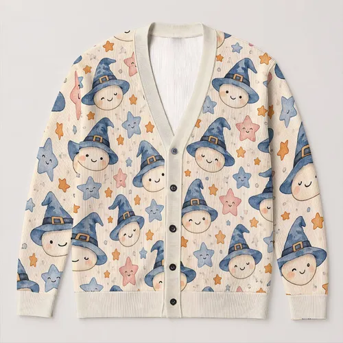 Whimsical Wizard Hat Stars for Everyday Layering and Cozy Casual Wardrobe Dressing All-over Print Knitted Cardigan