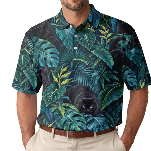Black Cat Tropical Foliage for Golf Days and Summer Leisure, Cat Lover Women Outdoor Style Men's Polo Shirt