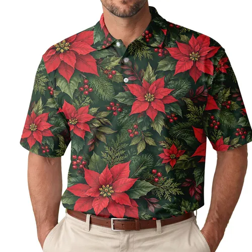 Red Poinsettia And Evergreen Foliage For Christmas Holiday Golf Style For Elegant Women Men's Polo Shirt