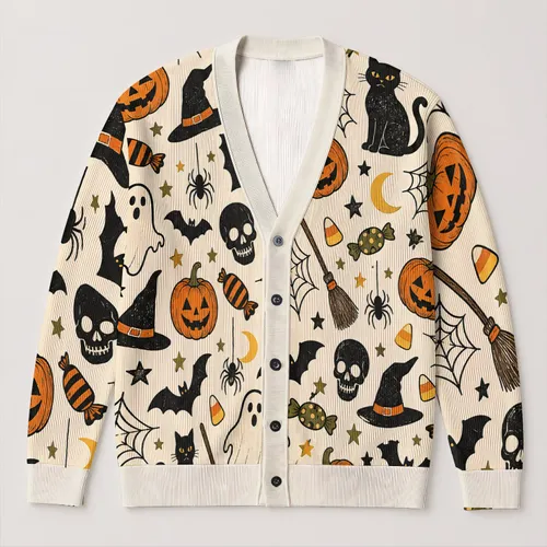 Halloween Pumpkins, Bats And Witch Hats For Festive Autumn Layering Women Outfits All-over Print Knitted Cardigan