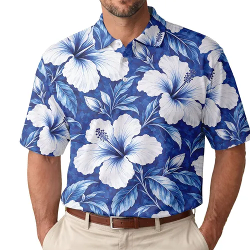 Blue Hawaiian Hibiscus Florals for Summer Golf and Tennis, Women's Tropical Style Men's Polo Shirt