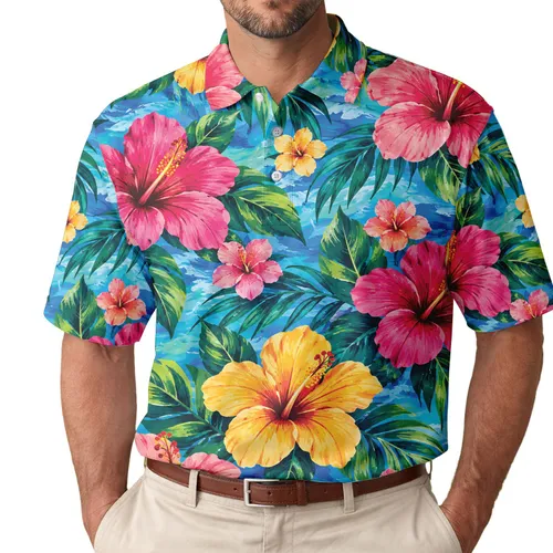 Tropical Hibiscus Floral Blue Beach Golf Style for Summer Tennis and Resort Days Men's Polo Shirt