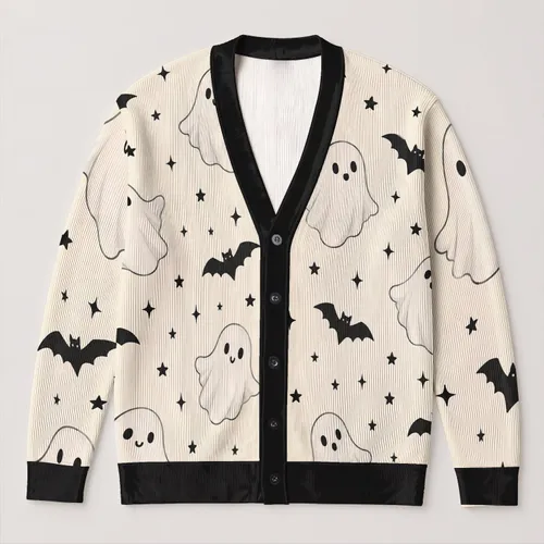Ghosts And Bats Under A Starry Night For Cozy Autumn Gatherings And Halloween Fans All-over Print Knitted Cardigan