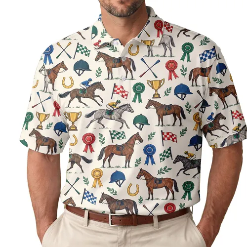 Colorful Equestrian Horse Motifs for Race Day Style and Stable Life Enthusiasts Men's Polo Shirt