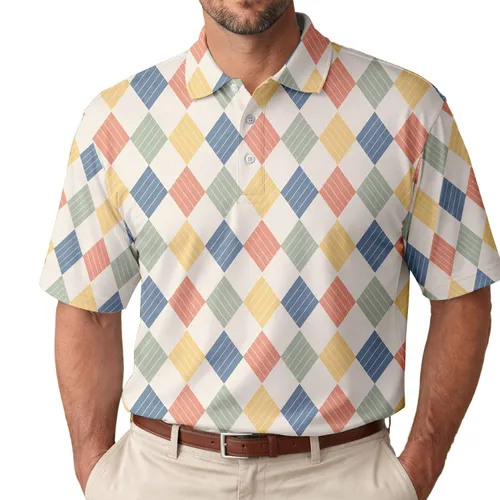 Vintage Argyle Tennis Diamonds for Country Club Style and Classic Weekend Court Wear Men's Polo Shirt