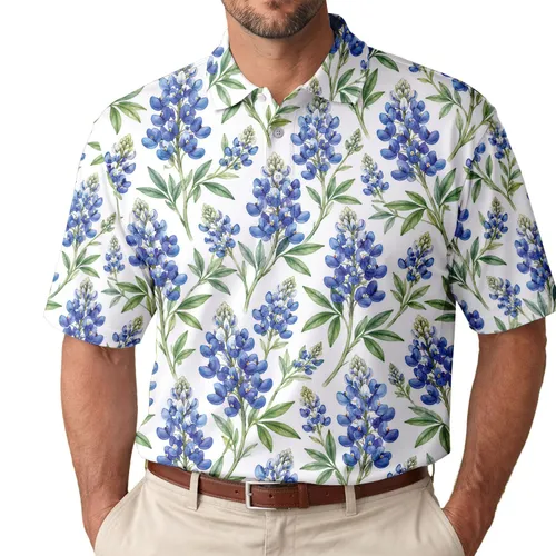 Texas Bluebonnet Floral for Golf Rounds, Country Club Days, and Outdoor Leisure Men's Polo Shirt