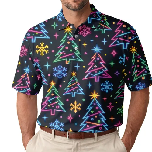 Neon 80s Christmas Trees for Festive Golf Days and Retro Holiday Celebrations Outdoors Men's Polo Shirt