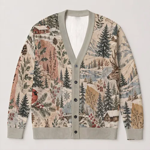 Woodland Reindeer Holiday Scene for Cozy Winter Layering and Festive Everyday Style All-over Print Knitted Cardigan
