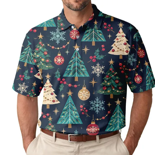Retro Christmas Trees and Snowflakes for Festive Holiday Golf Style and Winter Cheer Men's Polo Shirt