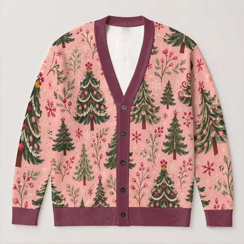 Pink Christmas Tree Holiday Botanical Winter Motifs For Festive Everyday Layering Women All-over Print Knitted Cardigan