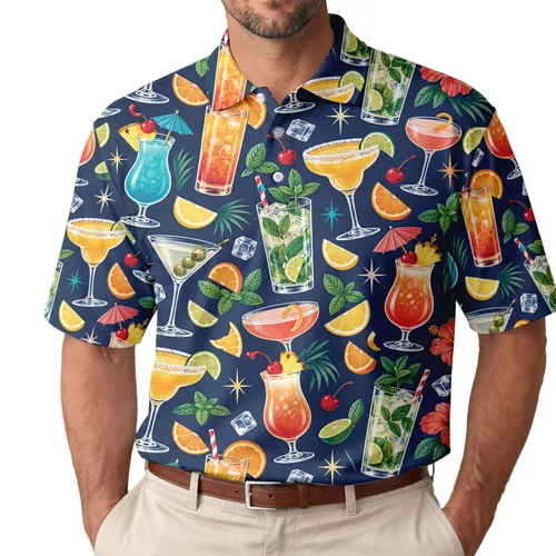 Colorful Summer Cocktails for Golf Days and Resort Parties, Martini Mojito Beverage Fans Men's Polo Shirt