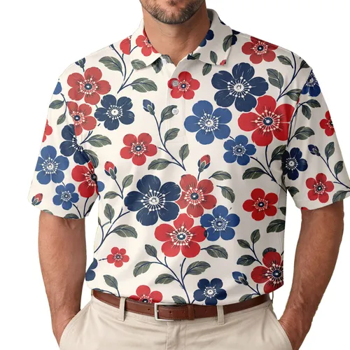 Red White And Blue Vintage Floral Blooms For Golf Days And Coastal Summer Outings Men's Polo Shirt