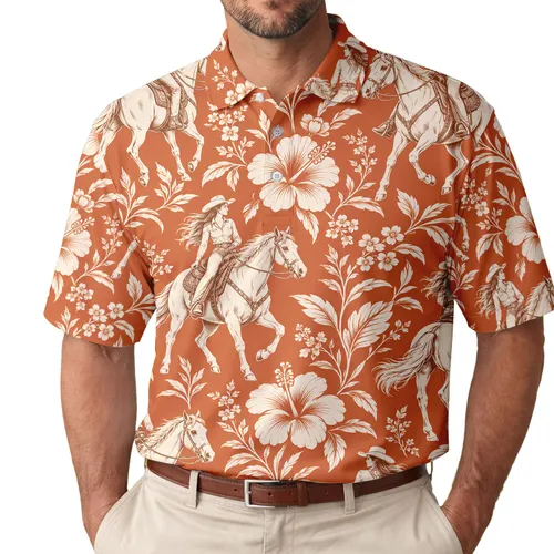 Orange Western Cowgirl Horseback Scenes for Country Golf Days and Equestrian Women Men's Polo Shirt