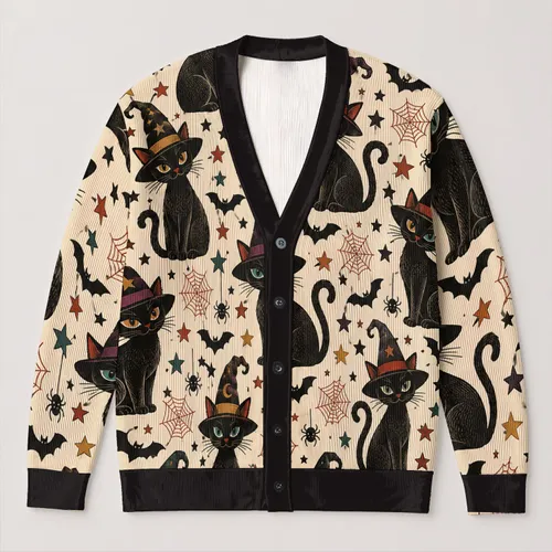 Witchy Black Cat Halloween Magic For Casual Everyday Layering Women And Fall Style All-over Print Knitted Cardigan