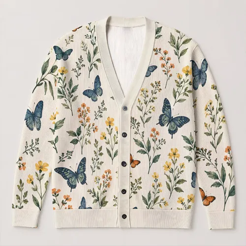 Botanical Butterfly Garden Motif for Boho Holiday Outings and Casual Layering Style All-over Print Knitted Cardigan