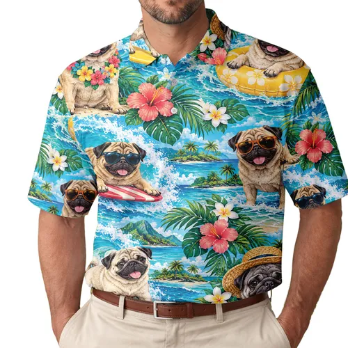 Pug Tropical Beach Scenes for Resort Days, Sunny Vacations, and Playful Dog Lovers Men's Polo Shirt
