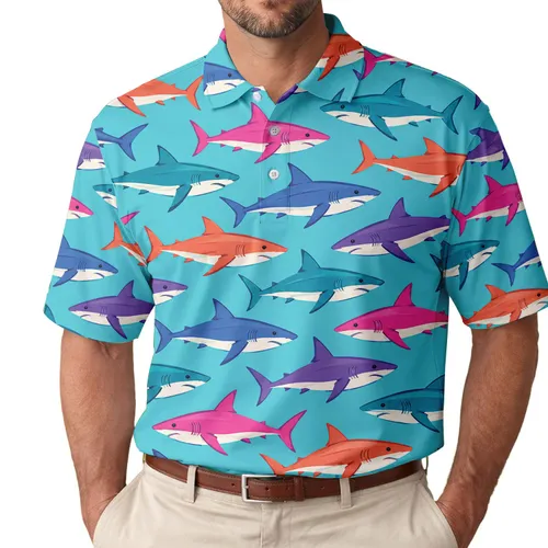 Colorful Shark Motifs for Beach Vacations and Summer Golf Days for Men and Women Men's Polo Shirt