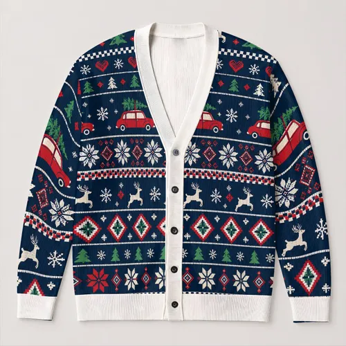 Nordic Christmas Cars, Reindeer And Snowflakes For Festive Holiday Layering For Men All-over Print Knitted Cardigan