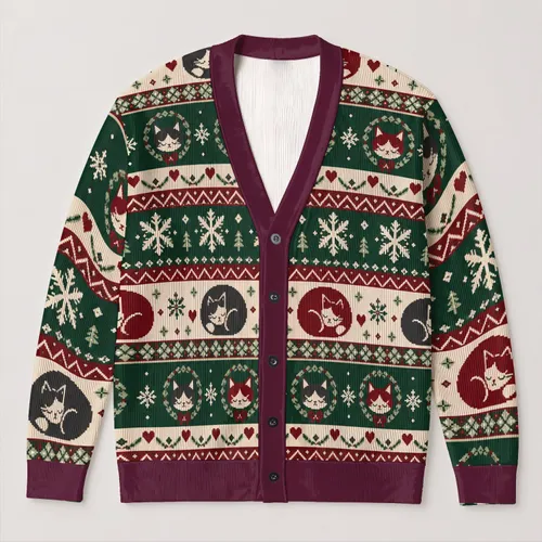 Christmas Cat Snowflakes and Retro Holiday Bands for Cozy Winter Layering for Men All-over Print Knitted Cardigan