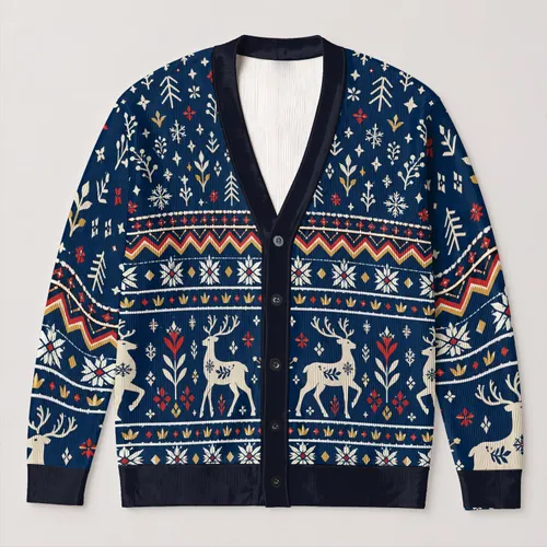 Nordic Reindeer Fair Isle Holiday Motif for Cozy Winter Layering, Men's Style All-over Print Knitted Cardigan