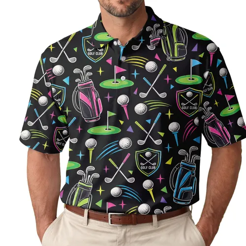 Neon Golf Bags, Clubs and Flags for Weekend Fairways and Golf Friends, Course-Day Fun Men's Polo Shirt