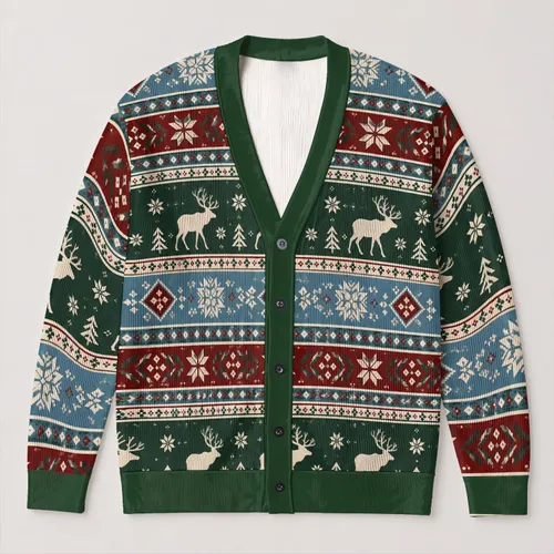 Nordic Elk Snowflake Fair Isle Motifs for Cozy Holiday Layering and Winter Style All-over Print Knitted Cardigan