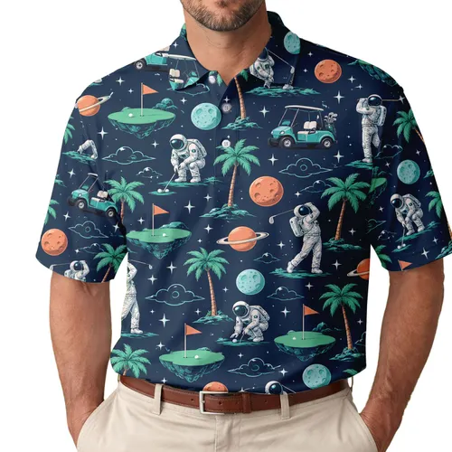 Astronaut Golf Scene for Space-Loving Summer Rounds and Weekend Course Adventures Men's Polo Shirt