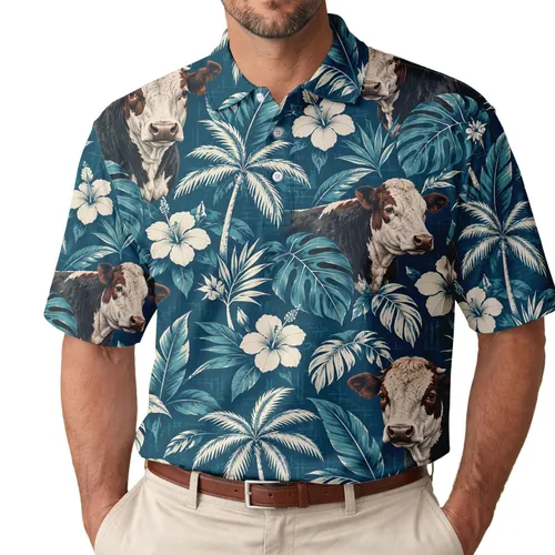 Hereford Cow And Tropical Palm Blooms For Sunny Farmhouse Golf Days For Men And Women Men's Polo Shirt