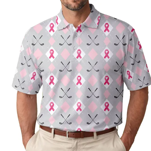 Pink Ribbon And Golf Club Motifs For Breast Cancer Awareness Month Women Golfers Men's Polo Shirt