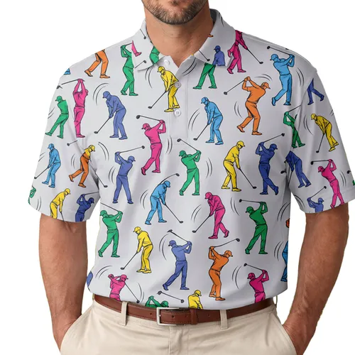 Colorful Golf Swing Silhouettes for Weekend Fairways and Sporty Summer Style Lovers Men's Polo Shirt