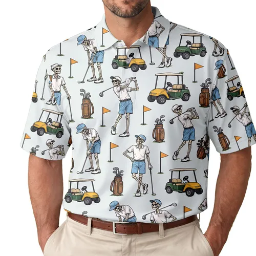 Funny Skeleton Golfers and Spooky Carts for Halloween Rounds and Golf Lover Gifts Men's Polo Shirt