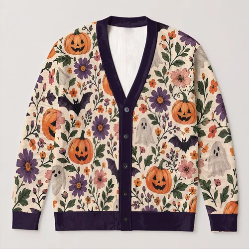 Halloween Pumpkins, Bats and Floral Blooms for Autumn Party Style Plus Size Women All-over Print Knitted Cardigan