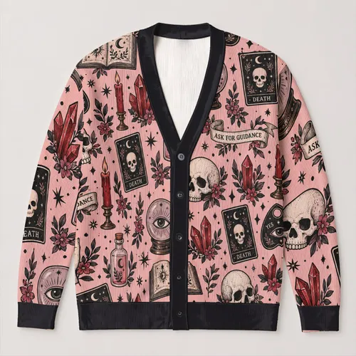 Mystical Skulls and Potion Symbols for Everyday Layering, Alternative Style Gift Lovers All-over Print Knitted Cardigan