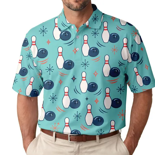 Mint Turquoise Bowling Pins And Balls For Golf Clubhouse And Pickleball Weekend Leisure Men's Polo Shirt