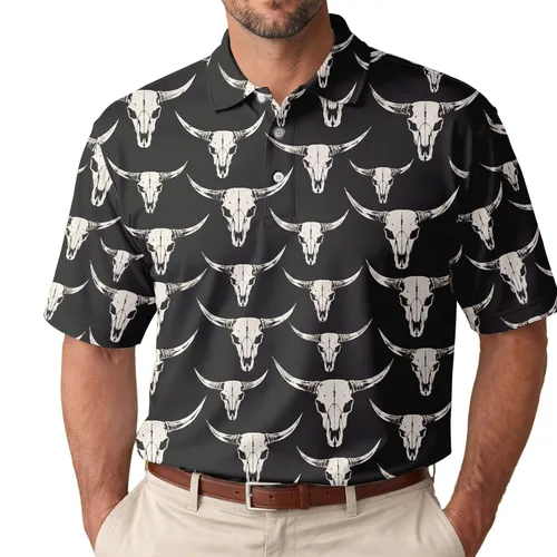 Western Longhorn Skull Motif for Ranch Style Weekend Wear and Country Music Fans Outdoors Men's Polo Shirt