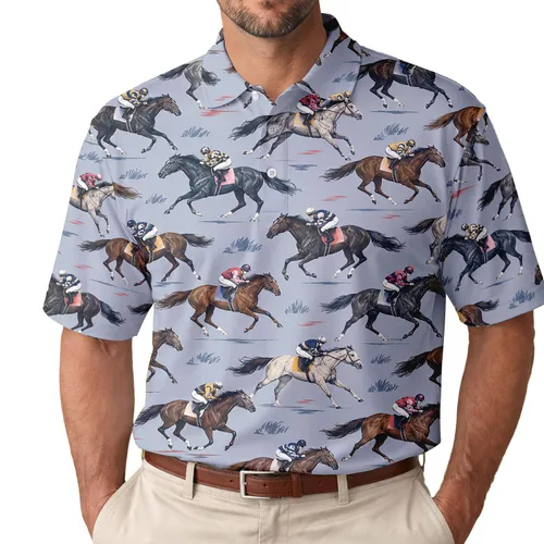Horse Racing Jockeys and Thoroughbreds for Derby Day Style and Racetrack Enthusiasts Men's Polo Shirt
