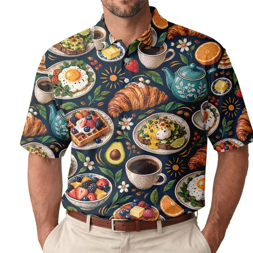 Brunch Food Icons for Weekend Golf Outings, Cafe Days, and Relaxed Resort Travel Men's Polo Shirt