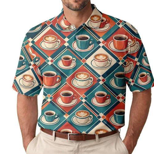 Coffee Cup Checkerboard for Golf Days and Weekend Clubhouse Style for Caffeine Lovers Men's Polo Shirt