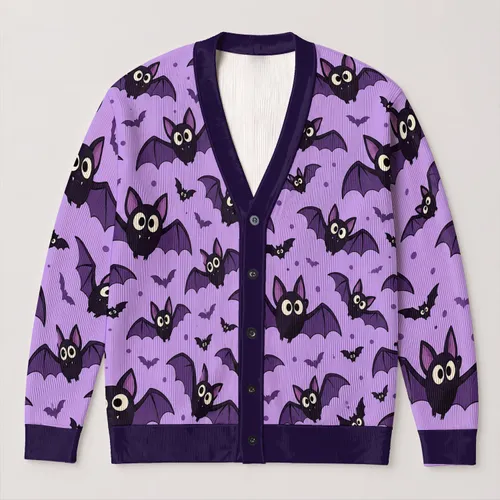 Cute Purple Bat Halloween Style for Cozy Everyday Layering and Playful Gothic Gifting All-over Print Knitted Cardigan