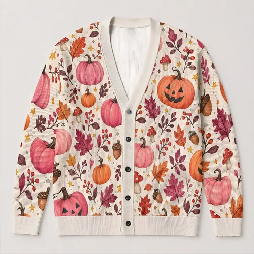 Pink Pumpkin Jack-O'-Lantern Leaves For Cozy Autumn Halloween Style Women's Wardrobe All-over Print Knitted Cardigan