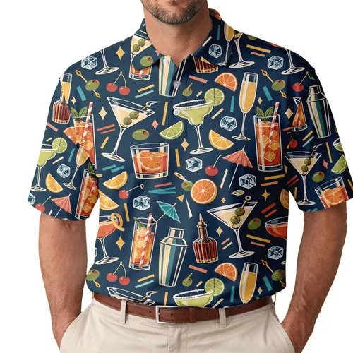 Cocktail Icons and Citrus Drinks for Clubhouse Happy Hours and Summer Resort Leisure Style Men's Polo Shirt
