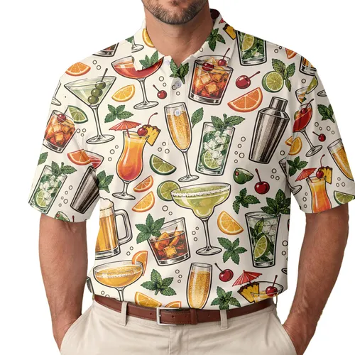 Vintage Cocktail Glasses and Citrus Icons for Resort Leisure and Summer Entertaining Men's Polo Shirt