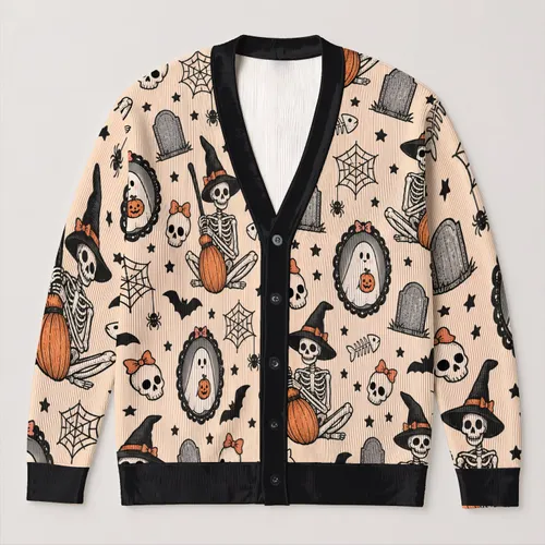 Halloween Skeleton Broom Scene For Cozy Autumn Layering, Women’s Spooky Wardrobe All-over Print Knitted Cardigan