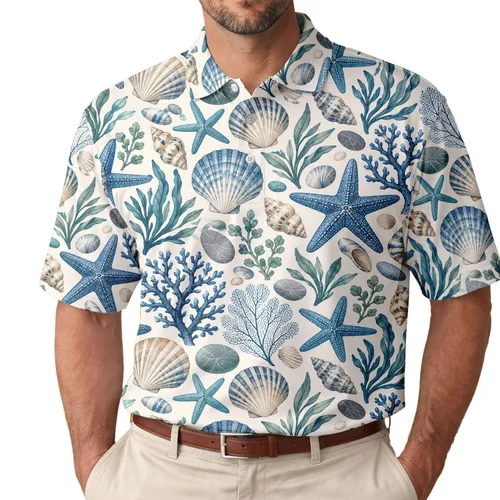 Blue Coral Starfish Coastal Motif for Beach Golf and Resort Days, Women’s Ocean Style Men's Polo Shirt