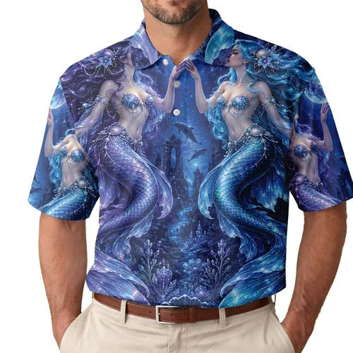 Twin Mermaid Fantasy Golf Style for Ocean Lovers and Magical Summer Sport Outings Men's Polo Shirt