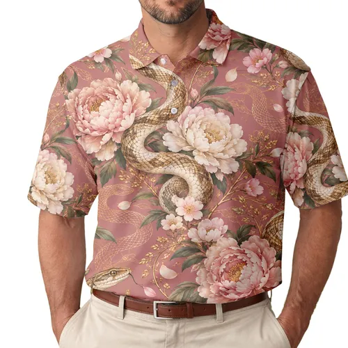Pink Snake Floral Motif For Golf Days And Resort Sport Style For Women And Tennis Players Men's Polo Shirt