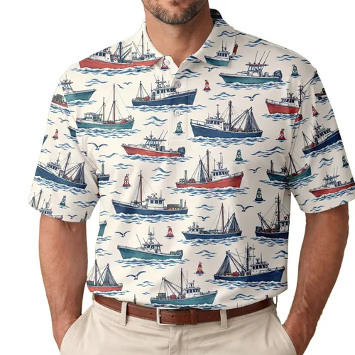 Nautical Fishing Boat Collection for Coastal Golf Days, Summer Travel, and Ocean Lovers Men's Polo Shirt