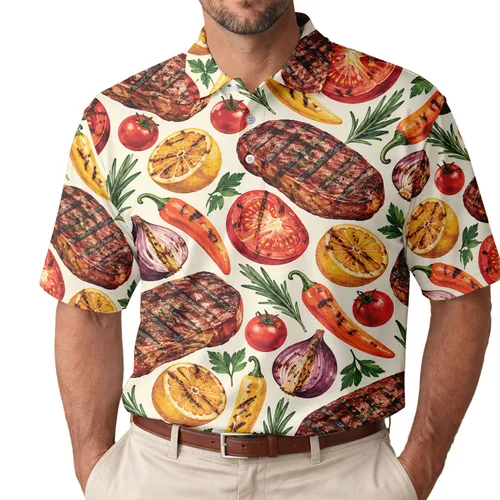 Grilled Steak Tomatoes And Citrus Cookout Style For Summer Golf And Barbecue Lovers Men's Polo Shirt
